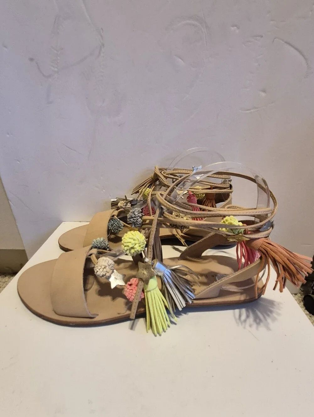 Loeffler Randall "Suze" Tan Leather Ankle Wrap Tassel Charm Sandals Sz. 8 $295